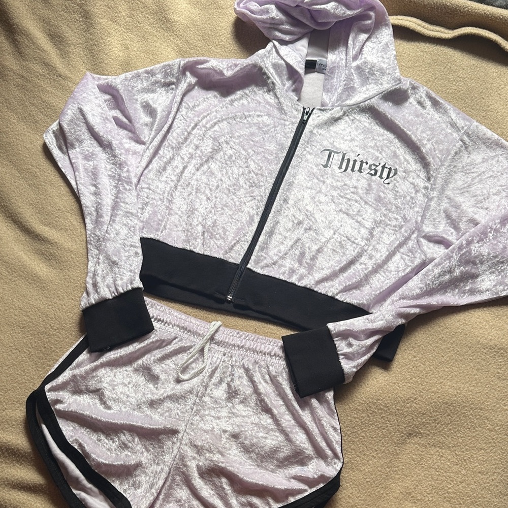 NWOT Thirsty Velvet Cropped Hoodie & Shorts Set - Light Lavender